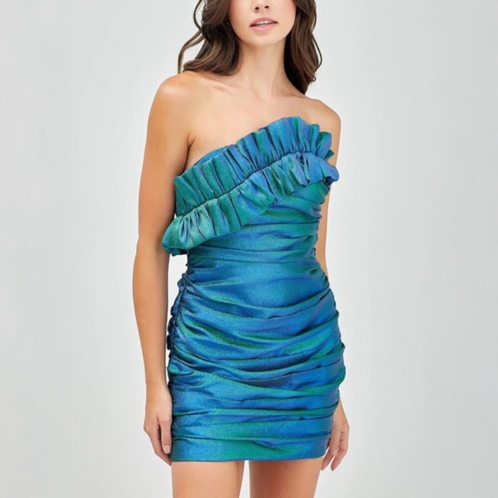 DO+BE Strapless Blue Green Metallic Ruffle Ruched Mini Dress Cocktail Small NWT